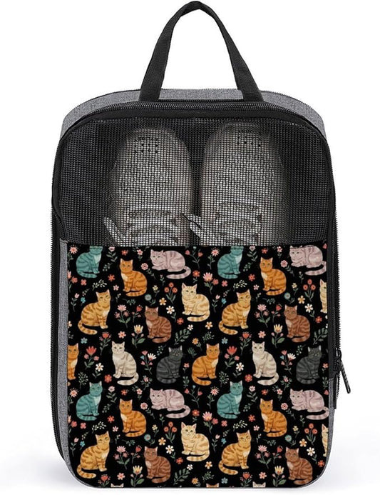 Travel Shoe Organizer with Zipper Closure Portable Shoe Packing Storage Bag Sport Sneaker Bags (Cats And Flowers)