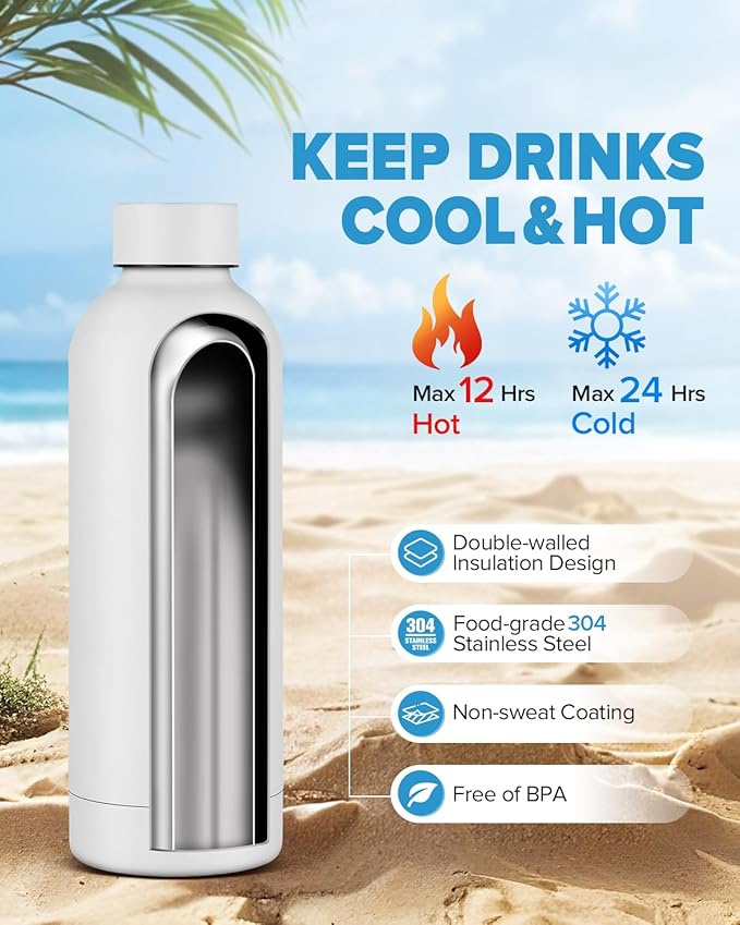 Insulated Water Bottle with Lid, 17 oz Reusable Leak-Proof Metal Stainless Steel Water Bottles for Travel, Sports, Gym, Outdoor (White)