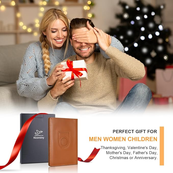 Full Grain Leather AirTag Passport Holder Wallet Cover for Men and Women Travel, Passport Holder with AirTag Slot Passport Wallet, Travel Essentials Genuine Leather Passport Cover Gifts (Brown)