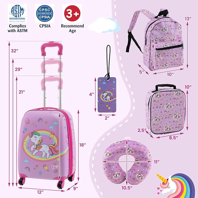 Goplus 5 Piece Kid’s Luggage Set, 16” Carry on Suitcase w/13” Backpack, Neck Pillow, Hardside Spinner Toddler Luggage, Travel Rolling Suitcase for Boys Girls Gifts (Pink, Unicorn)