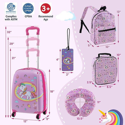 Goplus 5 Piece Kid’s Luggage Set, 16” Carry on Suitcase w/13” Backpack, Neck Pillow, Hardside Spinner Toddler Luggage, Travel Rolling Suitcase for Boys Girls Gifts (Pink, Unicorn)