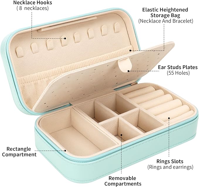 DesignSter Travel Jewelry Box, PU Leather Portable Jewelry Case, Small Jewelry Boxes for Gifts, Travel Jewelry Organizer for Women Rings Earrings Necklaces Bracelets (Mint Green)