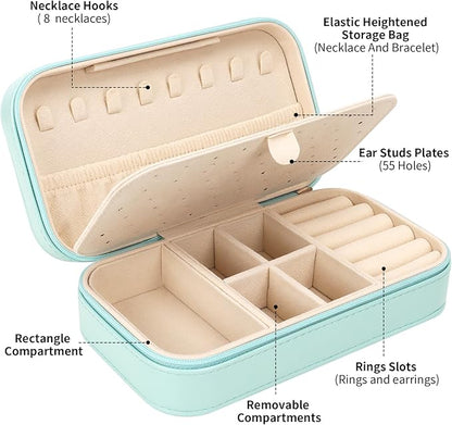 DesignSter Travel Jewelry Box, PU Leather Portable Jewelry Case, Small Jewelry Boxes for Gifts, Travel Jewelry Organizer for Women Rings Earrings Necklaces Bracelets (Mint Green)
