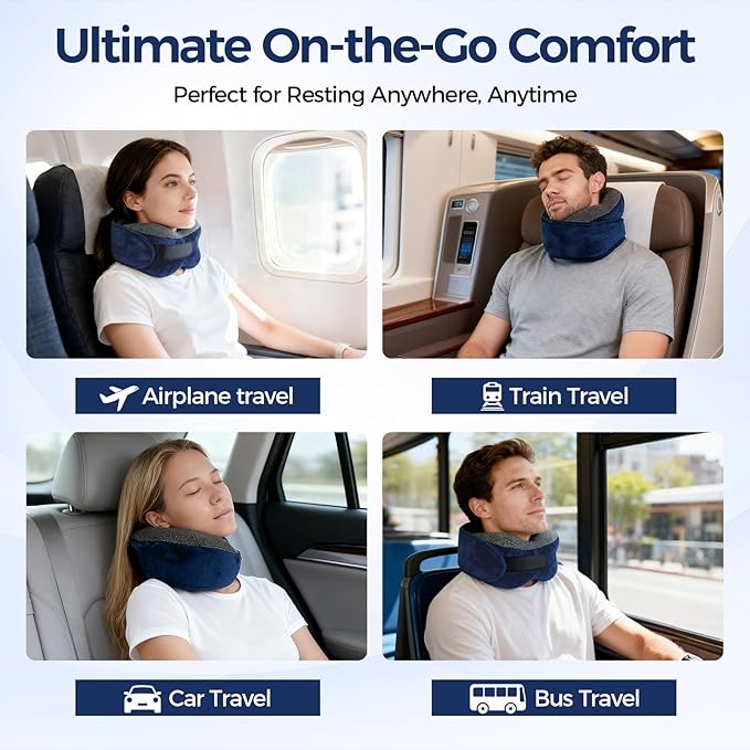 Memory Foam Neck Pillow for Airplane Travel - Ergonomic Support for Long Flights, Car Rides, Office & Home Use - Includes Contoured Eye Mask & Head Support - Adjustable Sizes M-L（Navy）