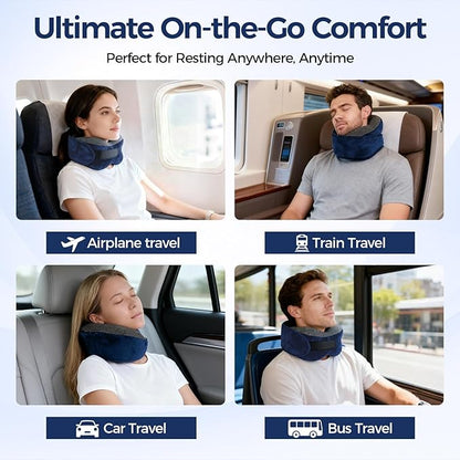 Memory Foam Neck Pillow for Airplane Travel - Ergonomic Support for Long Flights, Car Rides, Office & Home Use - Includes Contoured Eye Mask & Head Support - Adjustable Sizes M-L（Navy）