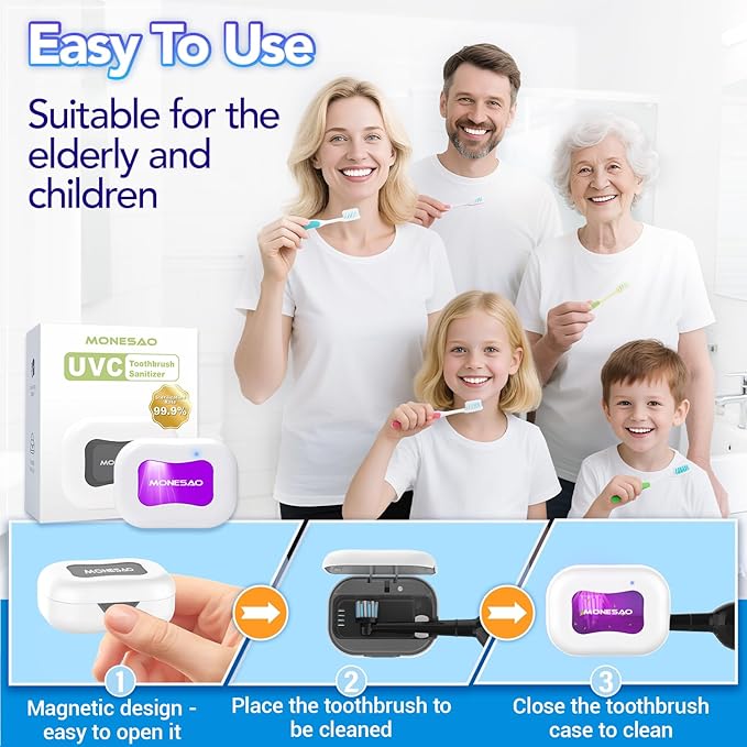 MONESAO Toothbrush Sanitizer Case, Portable Mini Toothbrush Covers with Holder, Rechargeable Travel Home Toothbrush And Holder, Cleaner Case for All Electric & Manual Toothbrushes (White)