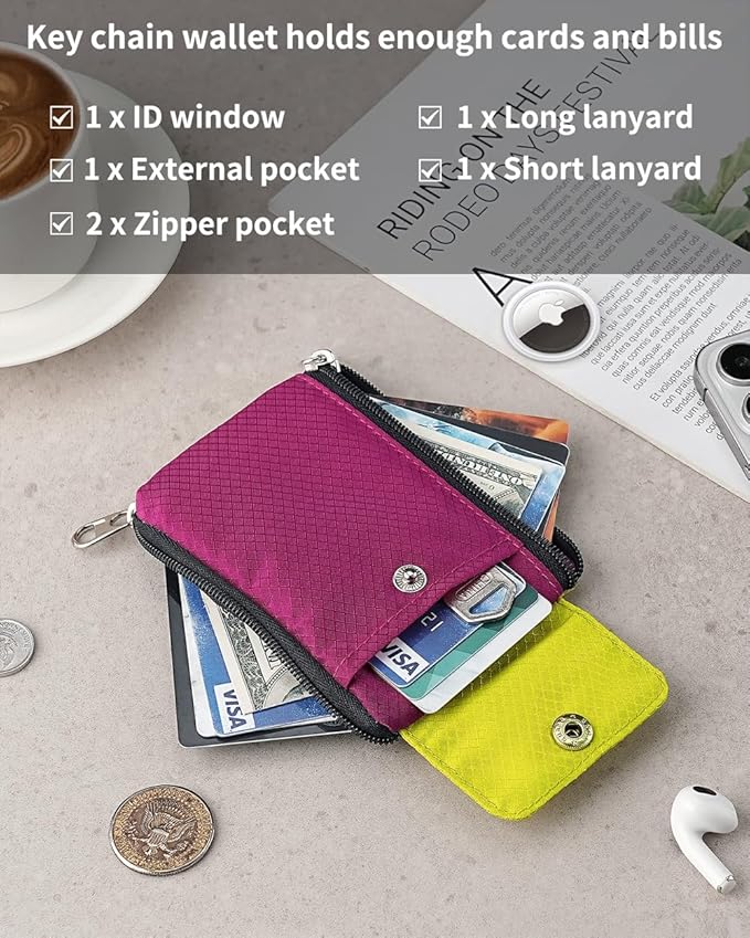 Minimalist Wallet For Mens Womens, Keychain RFID Blocking Zipper Small Wallet with ID Window 2 Lanyards,Water Resistant Travel Cash Card Coin Case Boys Girls