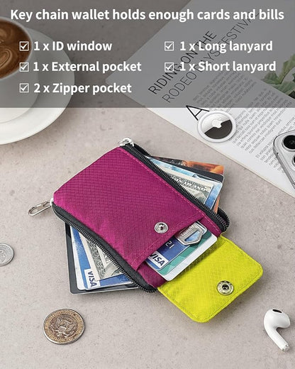 Minimalist Wallet For Mens Womens, Keychain RFID Blocking Zipper Small Wallet with ID Window 2 Lanyards,Water Resistant Travel Cash Card Coin Case Boys Girls