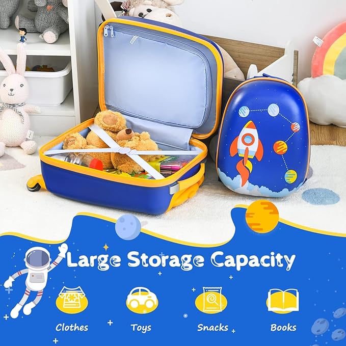 KOTEK Kids Carry On Luggage Set, 16" Hardside Rolling Suitcase with Spinner Wheels, Travel Rolling Luggage for Boys Girls (Spaceman)