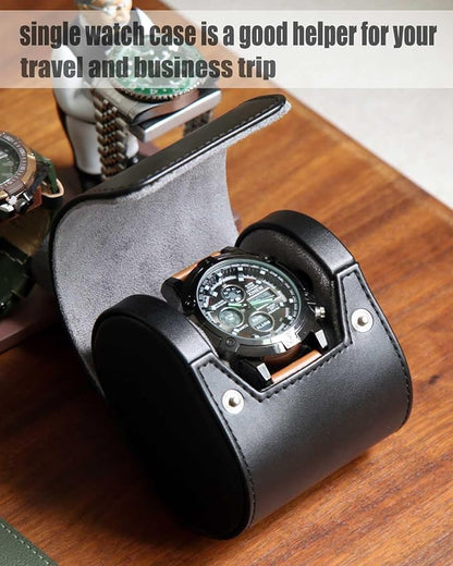 Watch Travel Case, Single Premium Leather Watch Case, Variable Size Watch Pillow Design, Portable Watch Storage Box for Men and Women, Black Watch Roll Organizer with Faux Suede Fabric Lining