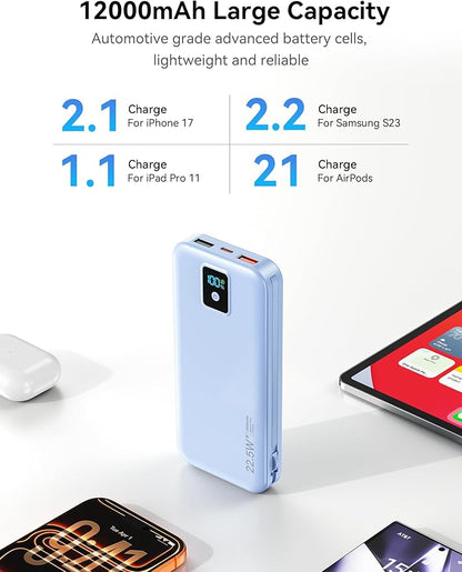 Portable Charger, 12000mAh 22.5W Fast Charging Power Bank with Built-in Cables & Wall Plug, Travel Essentials Battery Pack with LED Display, USB C External Battery Bank for iPhone iPad, Samsung Blue
