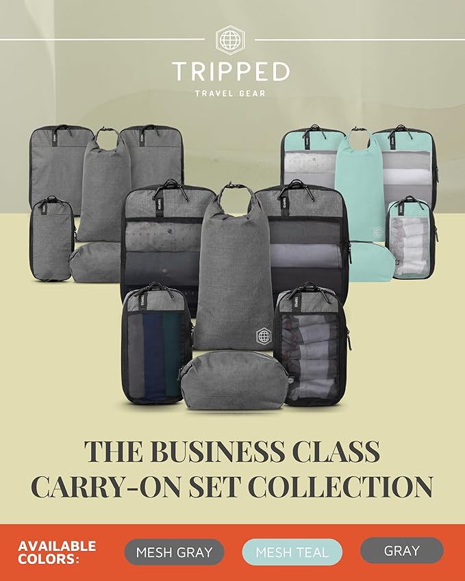 Compression Packing Cubes for Travel by TRIPPED – 6-Piece Premium Set with Laundry & Shoe Bag, Space Saving Travel Organizer Bags for Suitcase & Carry-On Luggage (Grey Mesh)