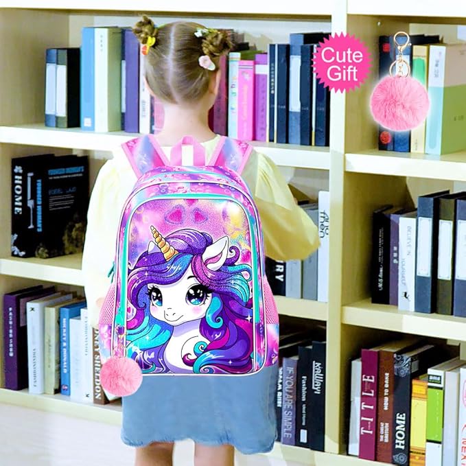 WZLVO 3PCS Unicorn Backpack for Girls, 16'' Kids Preschool Bookbag Set, Cute Water Resistant Kindergarten Elementary School Bag with Lunch Box