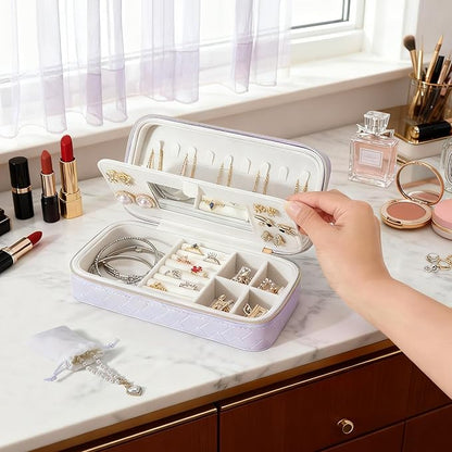 DesignSter Jewelry Organizer, Small Portable Travel Jewelry Storage for Women, Woven Embossed PU Jewelry Case with Mirror for Ring Earring Necklace Bracelet