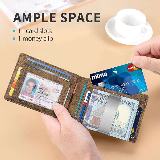 RUNBOX Money Clip Slim Wallets for Men RFID Blocking 11 Card Holder Minimalist Small Leather Bifold Men's Front Pocket Wallet Gift Box