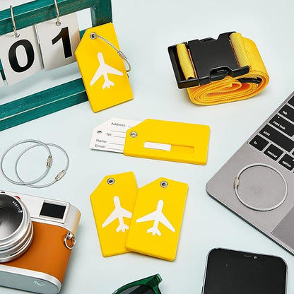 Weewooday 8 Pcs Luggage Straps Suitcase Tags Set for TSA Approved, 4 Travel Adjustable Suitcase Belt, 4 Silicone Luggage Tags with Name ID Card Travel Accessories(Yellow,Airplane)