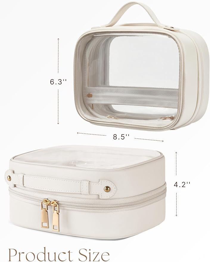 Clear Cosmetic Bag Double Layer Travel Toiletry Bag Clear Makeup Bag Case with 4 Compartments, Transparent Travel Bag for Toiletries, Large Toiletry Bag for Women Cosmetic Case (White, Small)