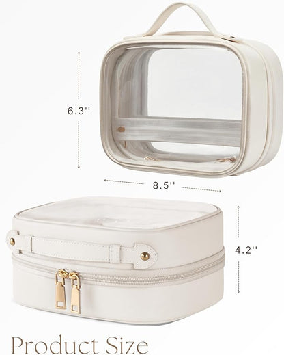 Clear Cosmetic Bag Double Layer Travel Toiletry Bag Clear Makeup Bag Case with 4 Compartments, Transparent Travel Bag for Toiletries, Large Toiletry Bag for Women Cosmetic Case (White, Small)