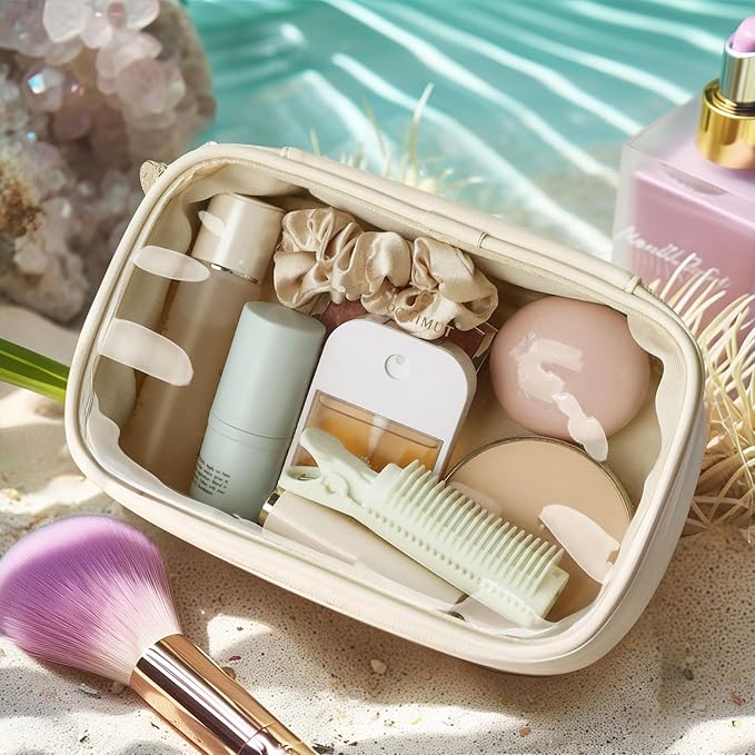 Pocmimut Makeup Bag,Small Makeup Bag TSA Approved Clear Toiletry Bag,Makeup Case Pouches Car Accessories Storage for Women,Travel Essentials Organizers,Beige