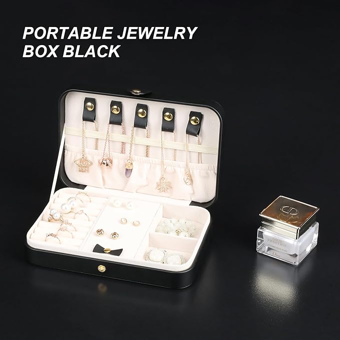 Small Jewelry Box, Travel Jewelry Case Portable Jewelry Boxes for Women, 2-Layer Mini Jewelry Travel Organizer, Gift for Women Girls,Black D