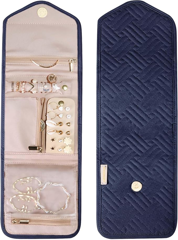 BAGSMART Travel Jewelry Organizer Case Foldable Jewelry Roll for Journey Rings, Necklaces, Earrings, Bracelets,Mini,Smokey Blue