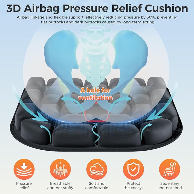 Inflatable Seat Cushion, Airplane Seat cushion for Long flights Without Air Pump, Pressure Relief Seat Cushion, Wheelchair cushions Applicable to Various Scenarios, Relief Discomfort in Coccyx&Buttock