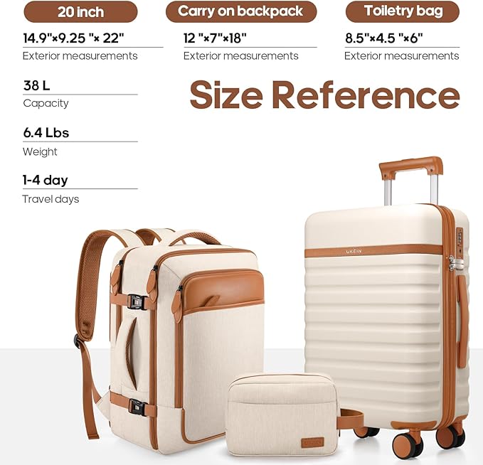 UKEIN Luggage Sets 3 Piece, Carry On Luggage 20In With Spinner Wheels,PC Hardside Suitcase Set with TSA Lock,Durable Carry On Suitcase With Travel Backpack for Men (Beige, 3 piece set (20inch))