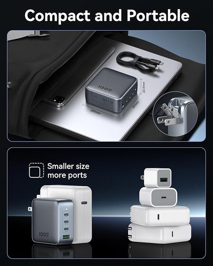 100W USB C Wall Charger Block, 4-Port PD3.1 GaN Foldable Compact PPS Fast Laptop Charger Power Adapter for MacBook Pro/Air, Dell XPS, iPhone 17/16 Pro, iPad Pro, Galaxy S25/S24, Steam Deck, and More