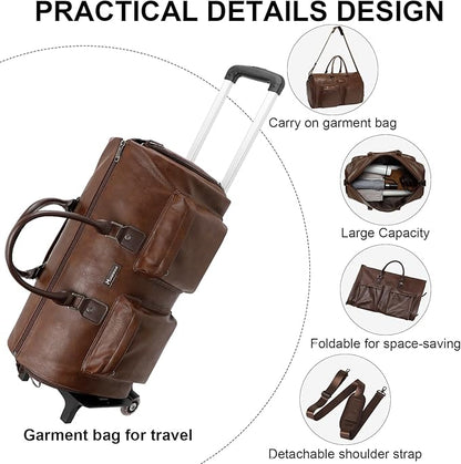 Modoker Rolling Garment Bag for Travel Wheeled Duffel Bag Luggage Suit Travel Bags for Men and Women,3 in 1 Carry on Convertible Garment Bag with Wheels,Dark Brown
