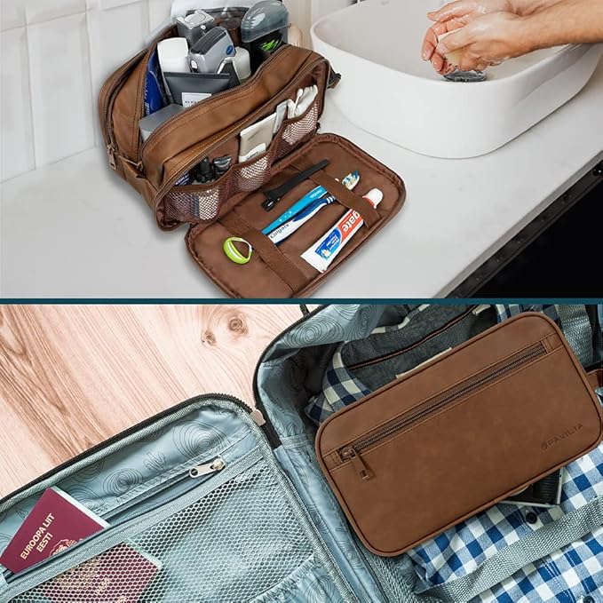 PAVILIA Toiletry Bag for Men, Travel Pouch Essentials Shaving Dopp Kit, Travel Bag Toiletries Organizer Case, Cosmetic Make Up Accessory, Water Resistant