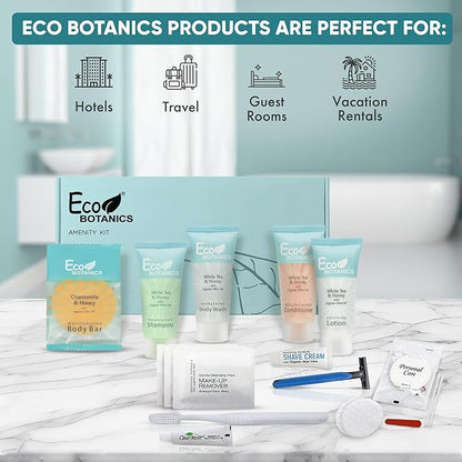 Eco Botanics Amenity & Accessory Kit | 0.85 oz Travel Size Shampoo, Conditioner, Lotion, Body Wash, Body Bar, Cleansing Bar, Shave & Dental Sets, Make-Up Remover Wipes, & Vanity Kit | 15 sets per case