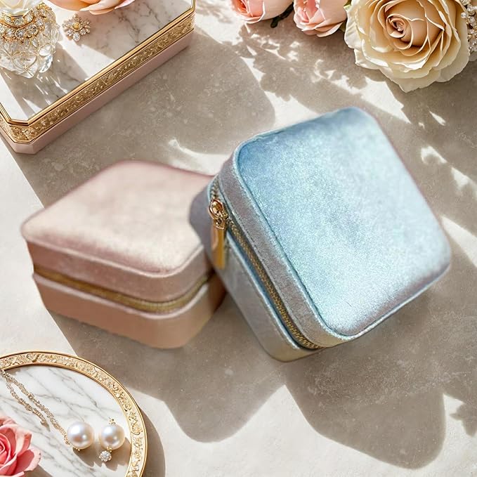 Velvet Jewelry Box, Small Travel Jewelry Organizer, Portable Jewelry Case for Women with Mirror, Sky Blue Mini Plush Travel Box