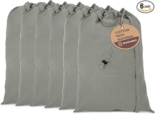 LFH Home Cotton Canvas Large Laundry Bag with Handle, Heavy Duty Drawstring Closure Washable Laundry Bags, School Travel, Home, Hotel, College Dorm, Organizer Sack, Toys Clothes 24x36 (Pack of 6)-Grey