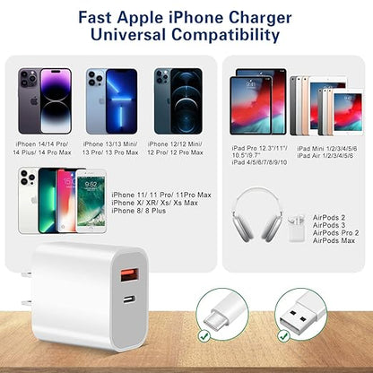 Fast Charger iPhone, Dual Port A/C Charging Adapter, 2Pack Quick Double Wall Charger Block, Apple Charger Block 10FT USBC to Lightning Cable for iPhone 14/13/12/11/ProMax/XS/XR
