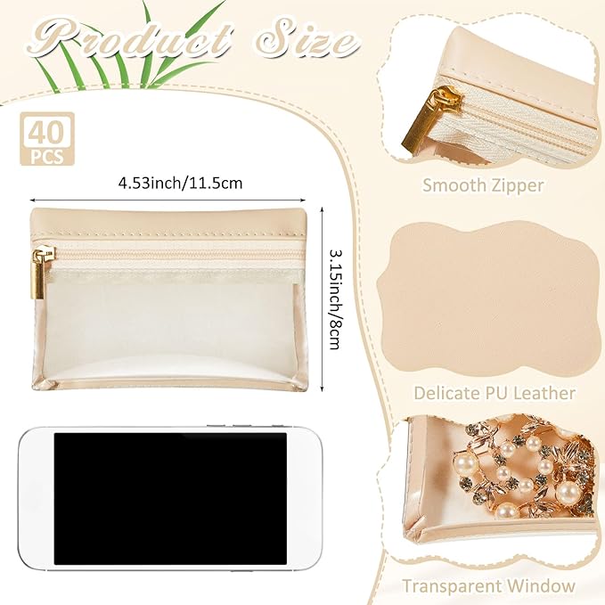 Uiifan 40 Pcs Travel Jewelry Bags Transparent PU Leather Zipper Pocket Rectangle Jewelry Storage Jewelry Organizer Box for Women Gift