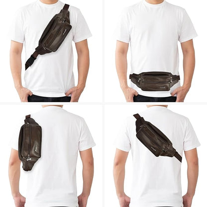 Leather Fanny Pack for Men Women,Genuine Leather Waist Belt Bag with Adjustable Strap Belt Hip Bag with Multi-Pockets for Travel Sports Running Cycling Hiking (brown)