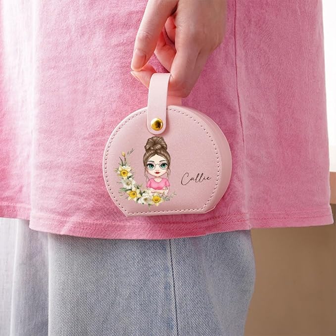 callie Personalized Travel Jewelry Case, Custom Cartoon Character Birth Flower Name on Leather Travel Jewelry Organizer, Birthday Gifts Bridesmaid Gifts for Women Girlfriend