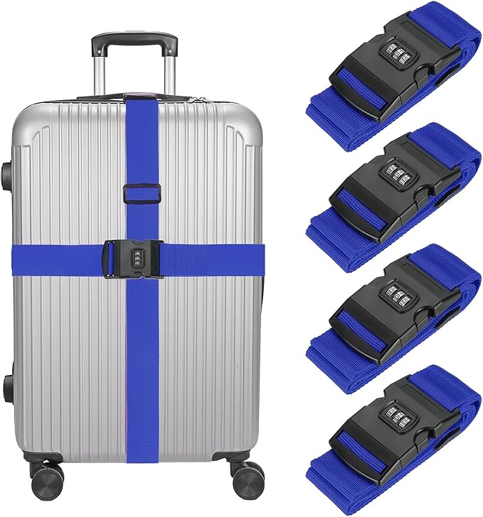 MECCANIXITY Luggage Straps with Combination Lock Adjustable Suitcase Belt Strap for Suitcase Briefcase Backpack Travel, Dark Blue, Pack of 4