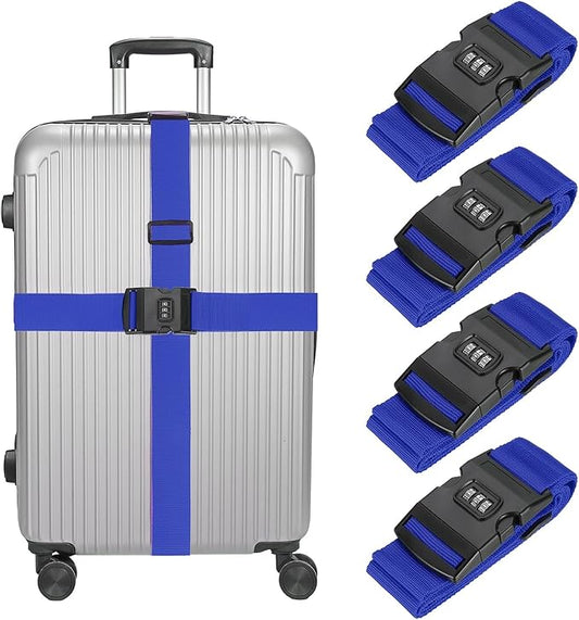 MECCANIXITY Luggage Straps with Combination Lock Adjustable Suitcase Belt Strap for Suitcase Briefcase Backpack Travel, Dark Blue, Pack of 4