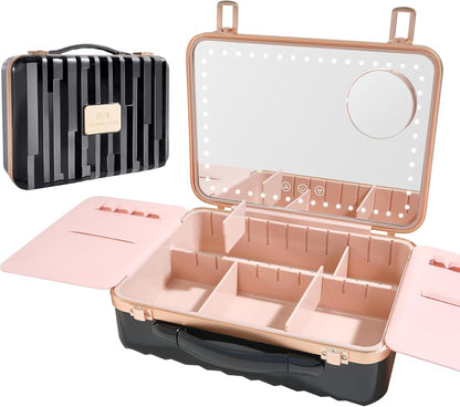 ROWNYEON Travel Makeup Case With Light Up Mirror Removable divider Portable Train Case Organizer Makeup Box for Girls Makeup Artist, Hairstylist Travel Makeup Case with 10x Mirror (Black)