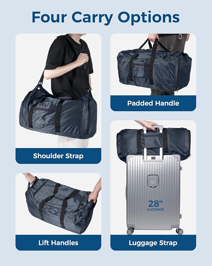 pack all 65L Foldable Travel Duffel Bag, Packable Weekender Bag with Shoe Compartment, Water-Resistant Gym Bag with Adjustable Strap for Overnight, Sports and Camping (Navy)