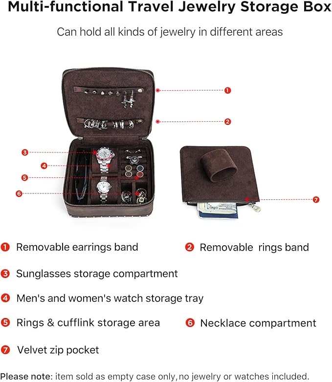 CONTACTS Full Grain Leather Jewelry Box for Men Travel Jewelry Organizer Watch Case Vintage Jewelry Storage Case for Cufflinks Ring Sunglasses Holder by Handmade