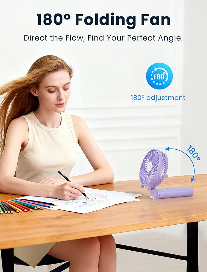HandFan 5200mAh Handheld Fan Rechargeable, 20H Runtime Hand Fan, 3 Speeds Strong Airflow, Personal 180° Foldable Portable Fans for Travel/Summer/Concerts/Lash/Commute, Gifts for Women (Purple)