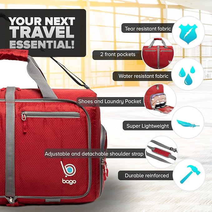 Bago Large Foldable Duffel Bags for Traveling Women & Men - 80L Packable Duffle Bag for Travel with Shoe Compartment - Water Repellant, Heavy Duty, Lightweight Folding & Collapsible (Red)