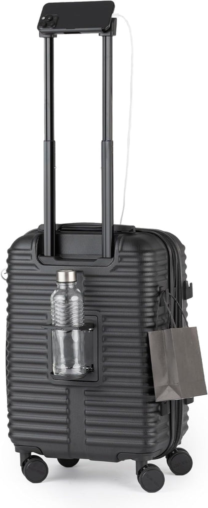 Nine West Suvi 20" Inch Smart Carry On Luggage with Wheels, Hardshell Suitcase with Cup Holder & USB Port for Charging, Airline Approved Cabin Bag Midnight Black