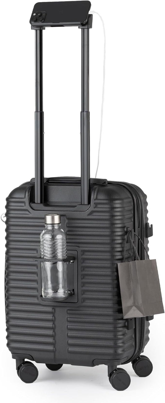Nine West Suvi 20" Inch Smart Carry On Luggage with Wheels, Hardshell Suitcase with Cup Holder & USB Port for Charging, Airline Approved Cabin Bag Midnight Black