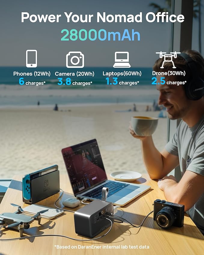 DaranEner Portable Power Station 28000mAh LiFePO4 Battery, Power Bank with AC Outlet 100W/110V, USB-C PD Fast Charging Solar Generator for Laptop, Travel, Camping, Home, Office, TSA Approved