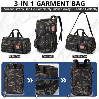 3-in-1 Tactical Garment Bag For Men,55L Large Capacity Convertible Suit Bag,Garment Bags For Hanging Clothes With Shoes Compartment, Multi-Functional Suit Bag For Travel Business