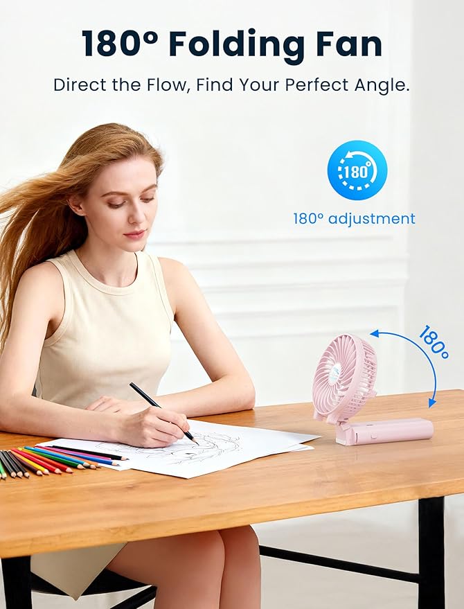 HandFan 5200mAh Handheld Fan Rechargeable, 20H Runtime Hand Fan, 3 Speeds Strong Airflow, Personal 180° Foldable Portable Fans for Travel/Summer/Concerts/Lash/Commute, Gifts for Women (Cherry Pink)