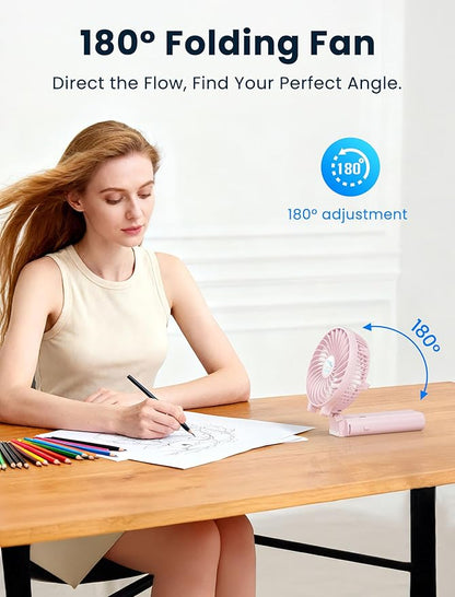 HandFan 5200mAh Handheld Fan Rechargeable, 20H Runtime Hand Fan, 3 Speeds Strong Airflow, Personal 180° Foldable Portable Fans for Travel/Summer/Concerts/Lash/Commute, Gifts for Women (Cherry Pink)